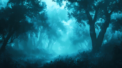 Fototapeta premium Mysterious foggy forest with a magical blue glow illuminating the trees. magical forest whispers. illustration. Misty Forest of Whispers. Illustration