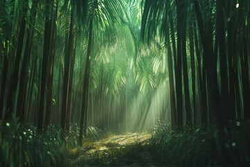 Obraz premium Ethereal Sunlight Filtering Through Palm Tree Grove in a Lush Green Forest Clearing Dreamscape