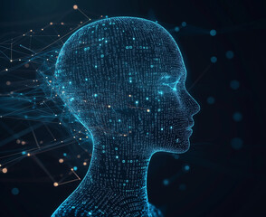 Futuristic AI Head Composed of Glowing Binary Code – Digital Portrait of Artificial Intelligence and Cyber Technology Against a Dark Tech Background