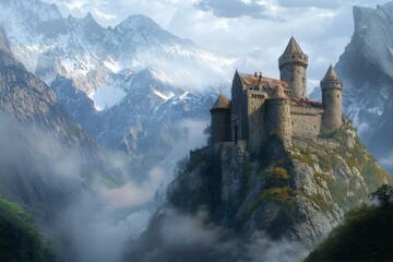 Obraz premium Fantasy Castle Perched High Atop Rugged Mountains Amidst Rolling Fog Landscape Composition