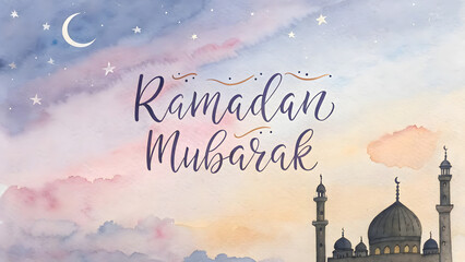 Ramadan Mubarak – Watercolor Mosque & Crescent Moon at Sunset. Ramadan 2025 (Ai generated)