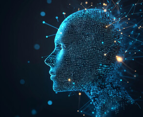 Futuristic AI Head Composed of Glowing Binary Code – Digital Portrait of Artificial Intelligence and Cyber Technology Against a Dark Tech Background