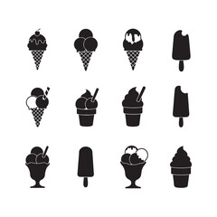 ice cream icon set vector black and white silhouette collection design illustratons
