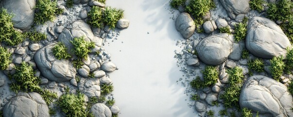Aerial view of rocky beach with lush greenery and pristine sand pathway
