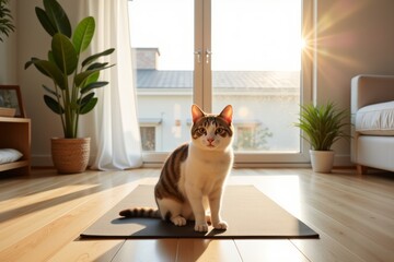 A cat sits comfortably on a yoga mat in a sunlit room filled with plants. Concept highlights serene atmosphere created by cat and yoga mat in modern interior space.