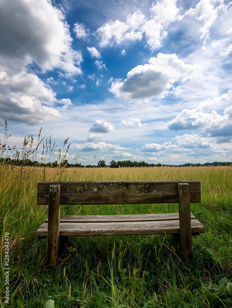Poster scenic peaceful view of an empty wooden bench in a grassy field under a cloudy blue sky : generative