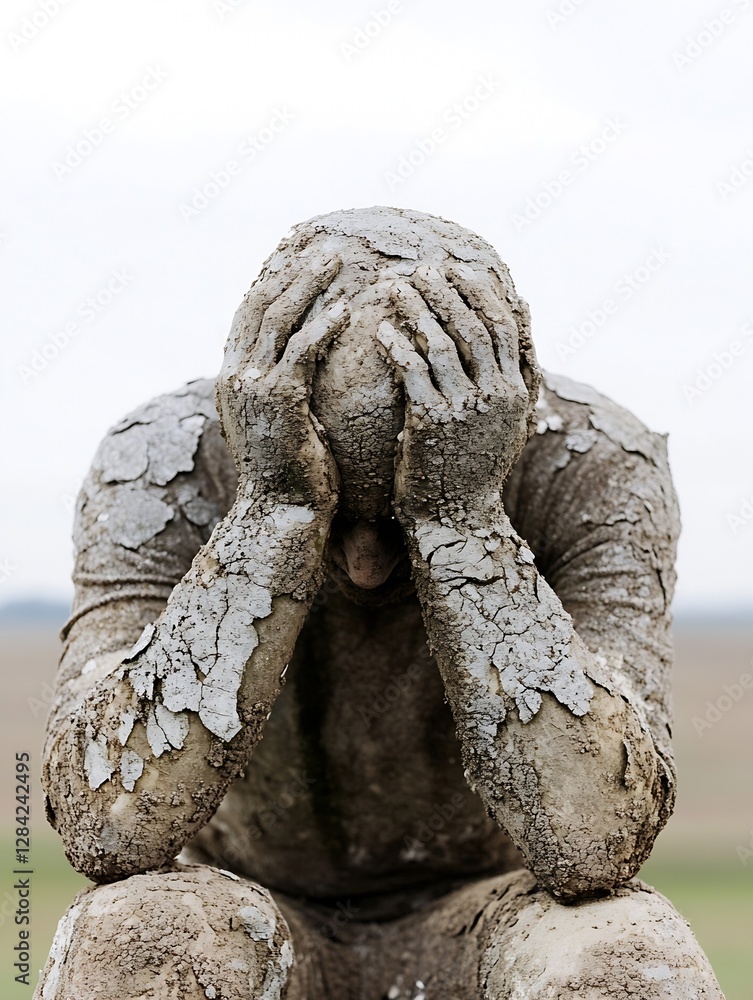 Poster expressive sculpture of a dejected figure with hands on head embodying emotions of despair and sadne