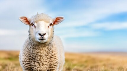Fototapeta premium Adorable sheep standing in a grassy field under a bright blue sky showcasing farm life and nature : Generative AI