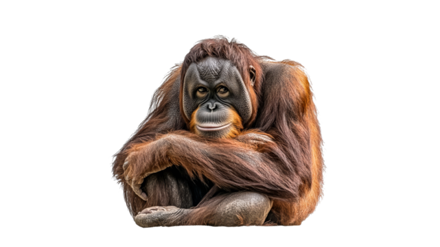 Orangutan seated and reflecting in a tranquil pose