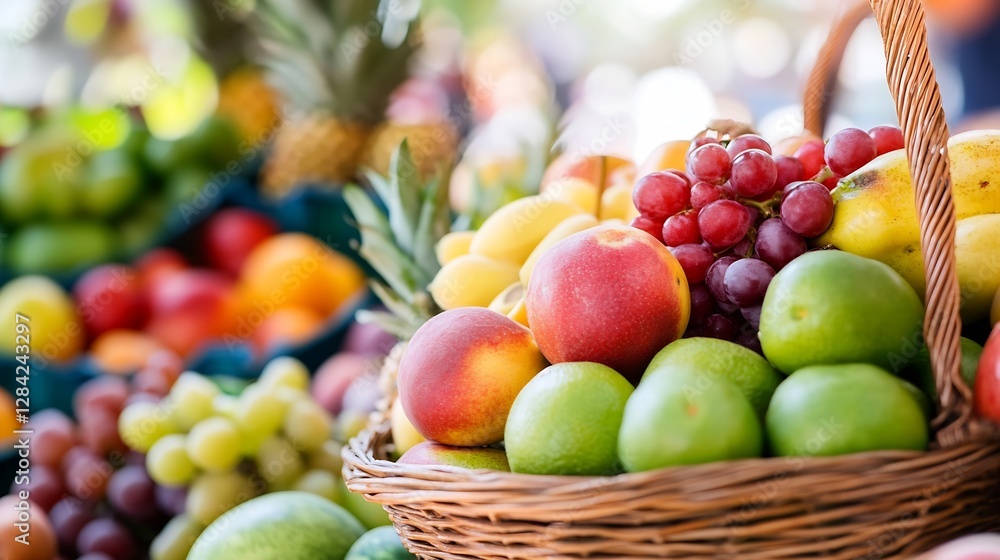 Poster vibrant fresh fruits in a rustic basket showcasing a colorful assortment at a local market : generat