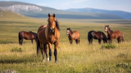 Obraz premium Majestic herd of horses grazing in a sunny field with a clear blue sky in the background : Generative AI