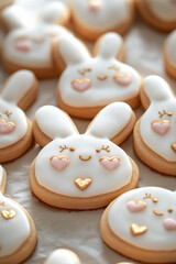 Close-up photo of adorable bunny-shaped sugar cookies decorated with smooth white royal icing. Each cookie features delicate pink details on the ears and small heart-shaped blush marks on the cheeks 