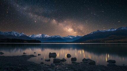 Naklejka premium Serene Lake Reflection Milky Way Snowy Mountains Under Night Sky Tranquility and Cosmic Beauty