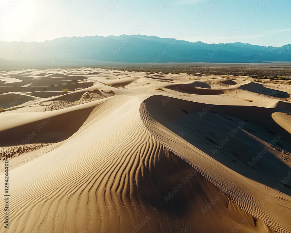 Aufkleber aerial view of vast desert dunes illuminated by sunlight, showcasing the sweeping curves and smooth 