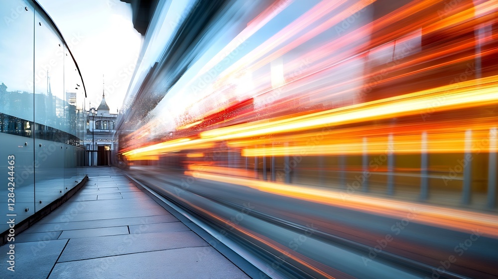 Poster Dynamic Urban Scene with Blurred Lights of a FastMoving Tram Passing by Modern Architecture at Dawn : Generative AI
