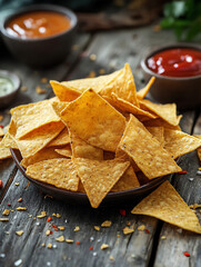 golden tortilla chips on a rustic wooden table