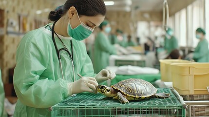Veterinarian Examines Tortoise in Animal Hospital Environment