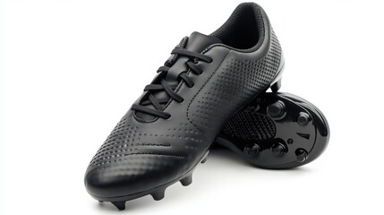 A pair of cleats for soccer, showing the detailed studs on the sole, isolated on a white background.