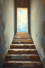 Obraz premium Ascending steps lead to an open doorway, revealing a bright sky with fluffy white clouds above.