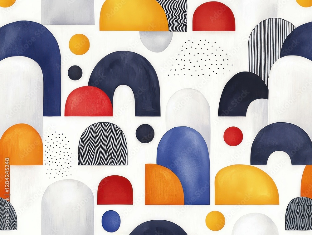 Poster vibrant abstract geometric patterns featuring colorful shapes and textures on a light background for