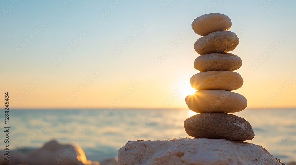 Poster Balanced stack of smooth stones at sunset with ocean waves gently lapping in the background : Generative AI