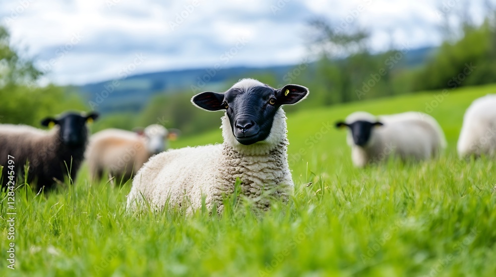 Poster adorable sheep grazing in green pasture under a beautiful sunny sky with soft clouds : generative ai