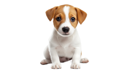 Playful puppy with brown and white fur sitting