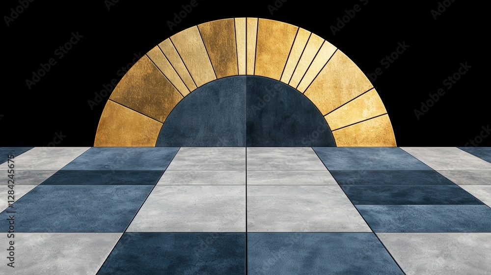 Poster modern abstract artwork featuring geometric patterns and textures with a golden arch design on a dar