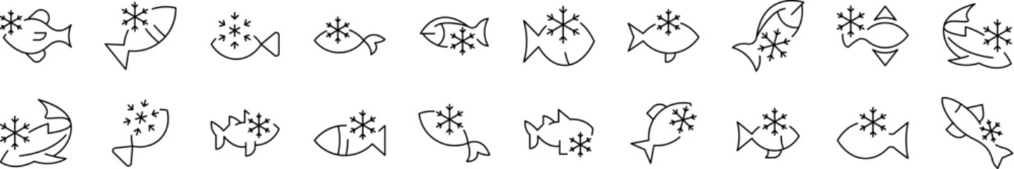 Frozen Fish Line Icon Pack. Outline Signs for Graphic and Web Design, Apps, Adverts, Various Cards
