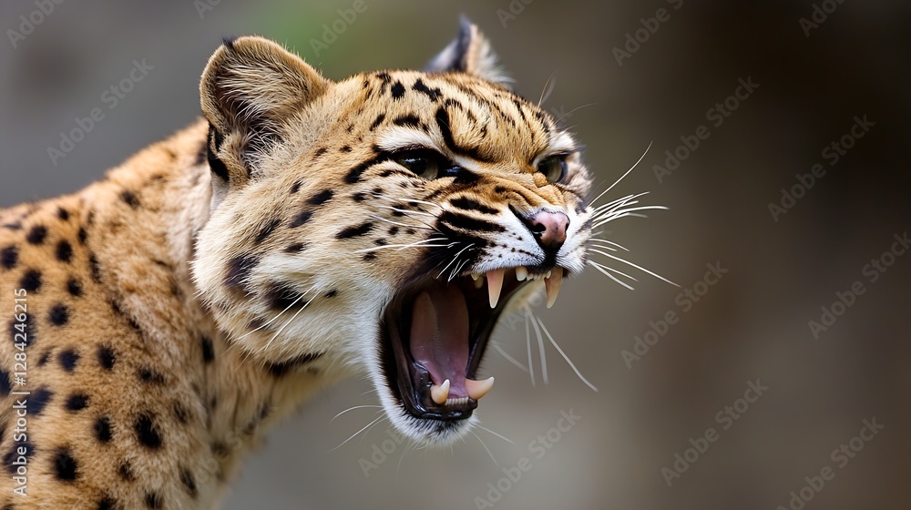 Poster Close up of a fierce leopard roaring showcasing its powerful jaws and vibrant fur patterns : Generative AI