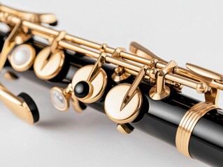 Fototapeta premium Detailed closeup of an elegant flute showcasing intricate key mechanisms in polished gold and black finish