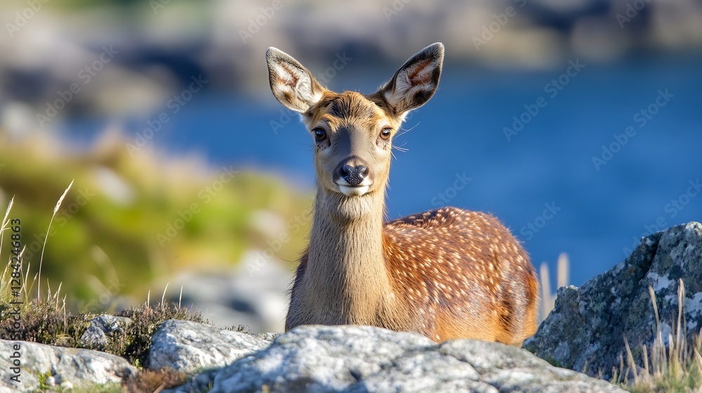 Poster beautiful young deer peeking out from behind rocks with a serene blue lake in the background : gener