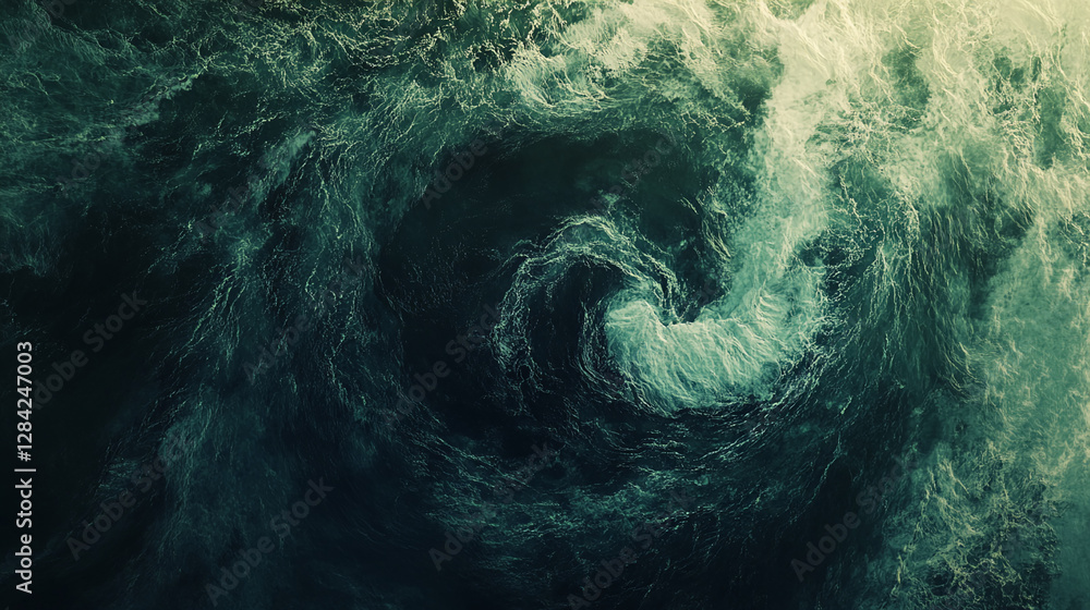 Poster aerial view of a powerful ocean whirlpool, capturing the swirling waves and energy, symbolizing the 