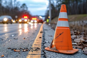An orange traffic cone stands on the roadside, surrounded by fallen leaves, as vehicles pass by in the blurred background during twilight. emergency response