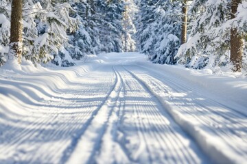 Snowy Winter Trail Surrounded by Evergreen Trees and Soft Light
