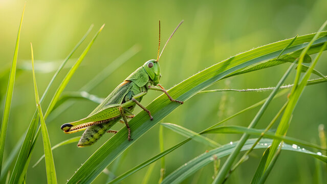 Green grasshopper sitting on rice leaf