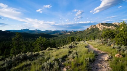 Breathtaking mountain landscape with lush greenery and a winding trail in summer sunshine : Generative AI