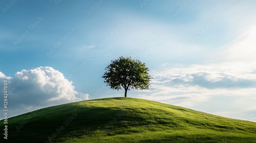 Poster lone tree standing gracefully on a hill under a blue sky with soft clouds : generative ai