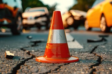 A prominent orange traffic cone stands in the foreground of a car accident scene, with debris scattered across the cracked road, suggesting urgency and chaos. emergency response