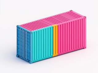 Colorful shipping container in vibrant pink, blue, and yellow design, showcasing modern cargo transport in a playful and artistic manner