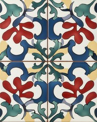 Vibrant geometric tile pattern with flora and colorful shapes on a white background for artistic decor