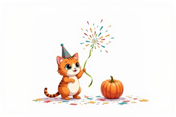Fototapeta premium Cheerful cat playing with party streamer alongside a festive pumpkin. Concept features cat playing with party streamer, highlighting playful moments and seasonal joy.