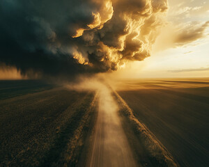 Aerial view of a dramatic dust storm moving over a rural road, with golden fields on either side, symbolizing the power of nature and extreme weather conditions.