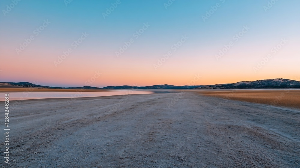 Poster serene landscape view of a tranquil desert with a colorful sunset reflecting on the water : generati