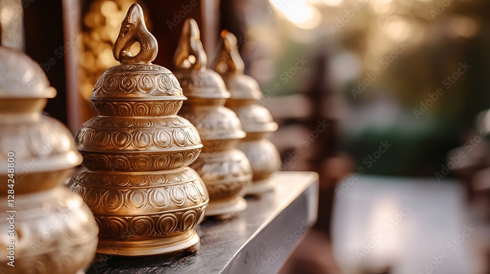 Poster intricately designed golden urns displayed on a wooden shelf in soft ambient light : generative ai