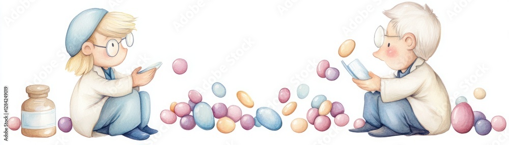 Poster children in lab coats engaging with colorful eggs, playful science experiment setting with pastel co