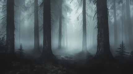 Obraz premium A fog-enshrouded forest with towering, dark-brown trunks emerges mysteriously from the misty undergrowth, inviting exploration. Misty Forest of Whispers. Illustration