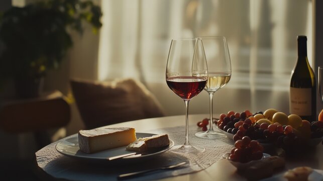 Moderate drinking at a romantic wine and cheese evening. Featuring intimacy and relaxation