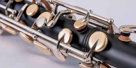 Closeup of an elegant woodwind instrument showing detailed keys and finely crafted metalwork in gleaming finish