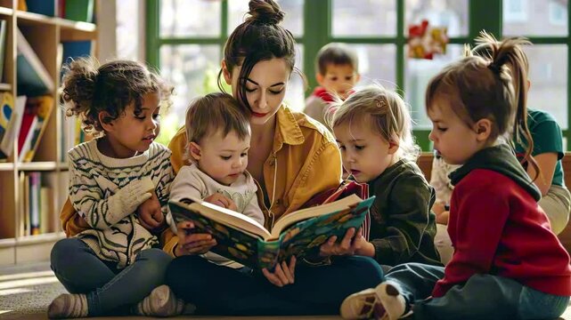 Engaging storytelling session with children at a vibrant early education center